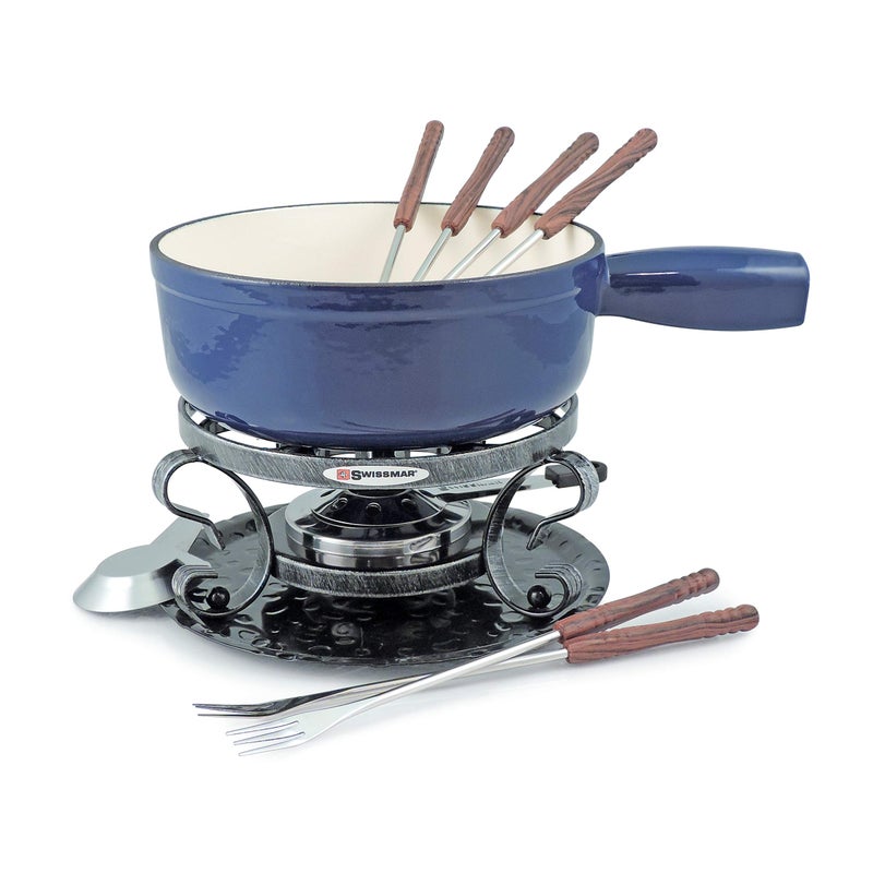 Swissmar Swissmar Lugano Cast Iron Cheese Fondue Set 9Piece 2 QT  2 L  Ideal for Melting Cheese Chocolates Caramel  More  Perfect for Kitchen Collection  Gift Giving  Deep Blue 