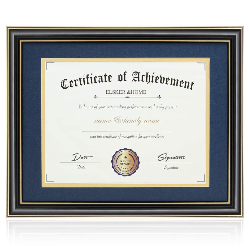 ELSKER&HOME ELSKERHOME 85x11 Document Frame  High Gloss Black Wood Color Frame  Made for Certificates Sized 85x11 Inch with Mat and 11x14 Inch Without Mat Double Mat Navy with Golden Rim