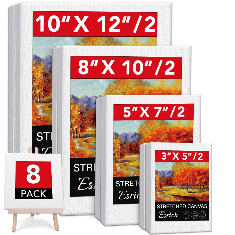 ESRICH Stretched Canvases for Painting, 8PCS Multi Pack Canvas 3x5â€, 5x7â€, 8x10â€, 10x12â€(2 of Each), Acid-Free Wood Frame Blank Canvas, Art Canvas Pre Primed for Acrylic, Oil Painting, Tempera Paintings. - Image 1