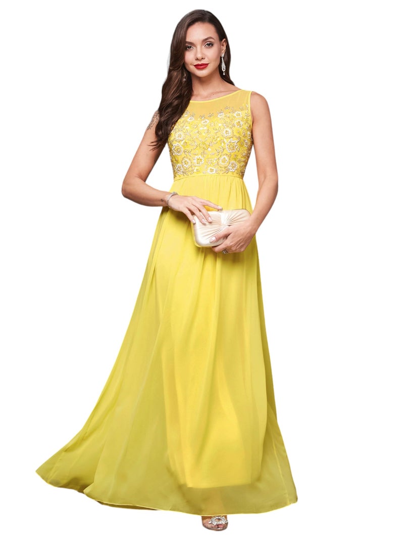 Miss Chase Women's Boat Neck Sleeveless Embroidered Georgette Maxi Dress (Plus Size) (MCAW19D08-45-304-02, Light Yellow, XS) - Image 1