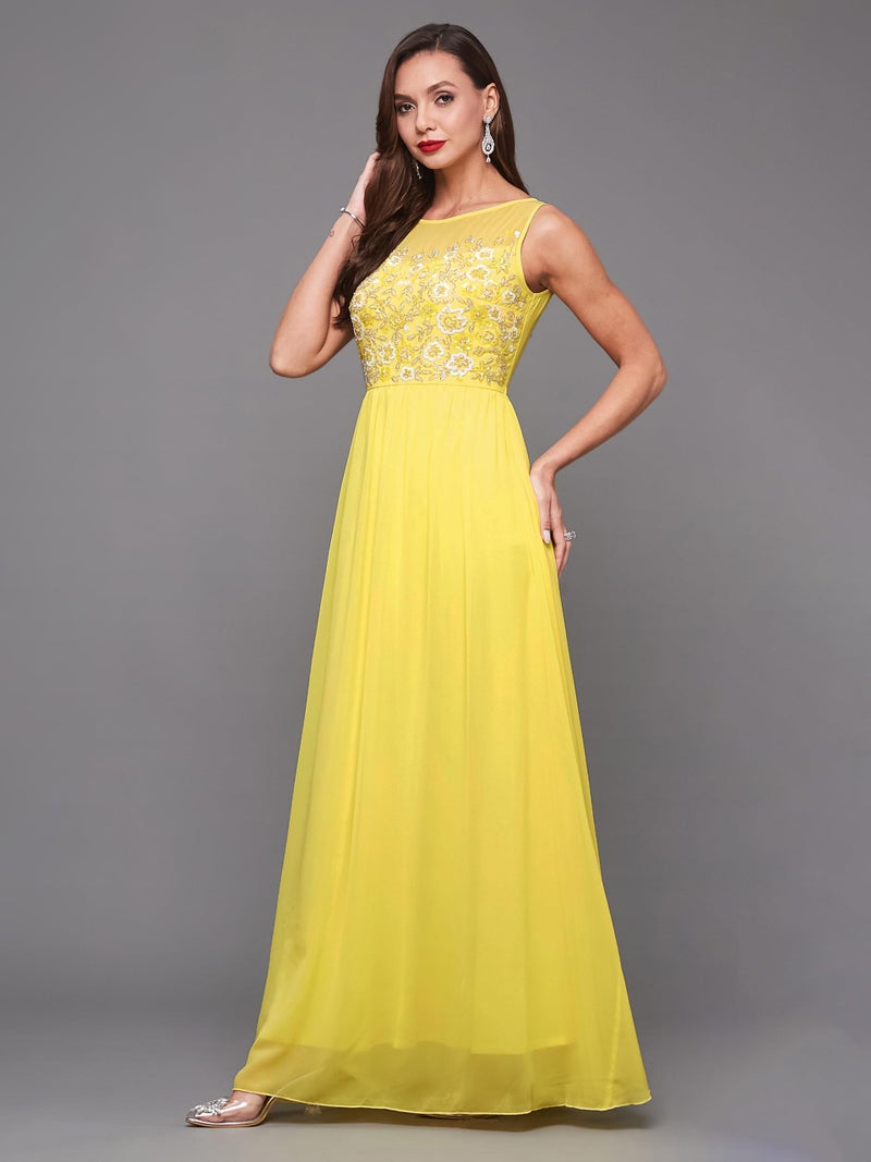 Miss Chase Women's Boat Neck Sleeveless Embroidered Georgette Maxi Dress (Plus Size) (MCAW19D08-45-304-02, Light Yellow, XS) - Image 2