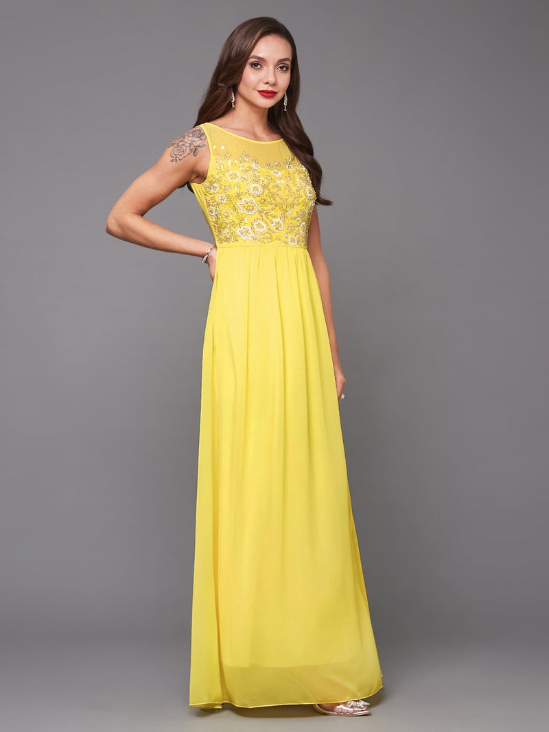 Miss Chase Women's Boat Neck Sleeveless Embroidered Georgette Maxi Dress (Plus Size) (MCAW19D08-45-304-02, Light Yellow, XS) - Image 3