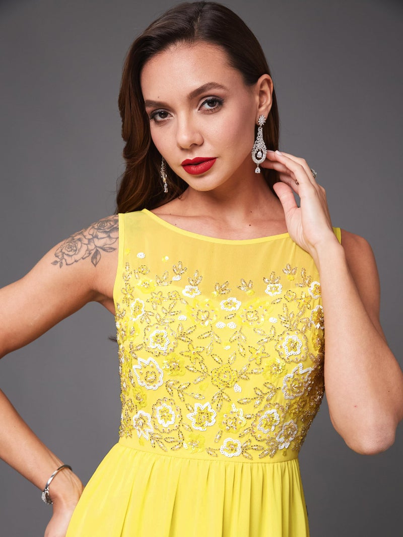 Miss Chase Women's Boat Neck Sleeveless Embroidered Georgette Maxi Dress (Plus Size) (MCAW19D08-45-304-02, Light Yellow, XS) - Image 5