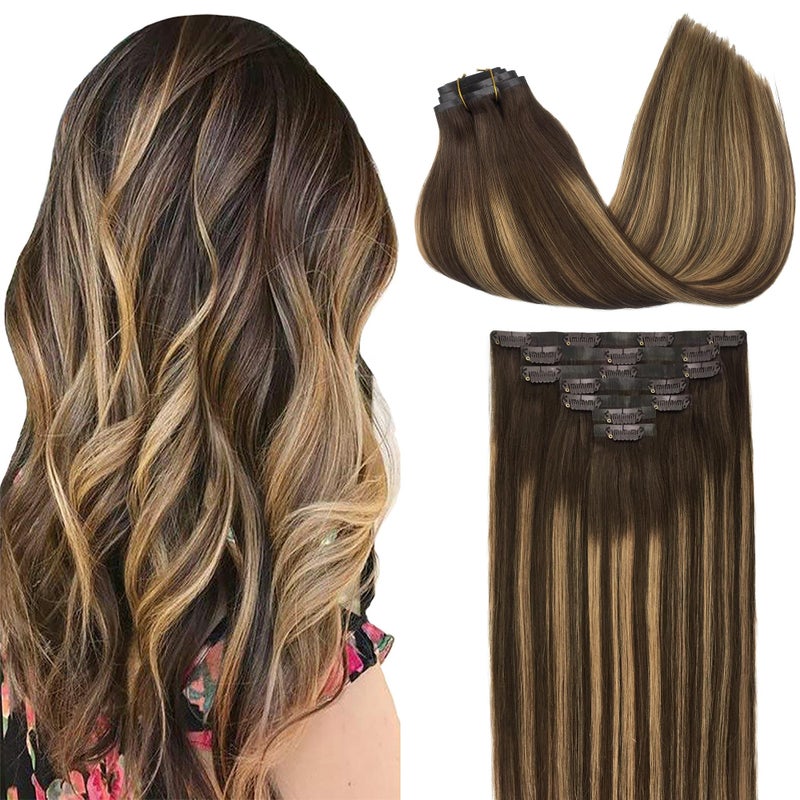 GOO GOO Clip in Hair Extensions Real Human Hair Remy Human Hair Extensions Clip ins for Women Natural Human Hair 16inch 130g 7Pcs 4274 Balayage Chocolate Brown to Caramel Blonde