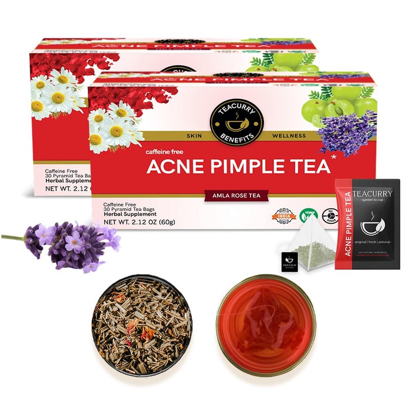 TEACURRY شاي تيكاري لعلاج حب الشباب (عبوة لمدة شهرين، 60 كيس شاي) - يساعد في حب الشباب، البثور، الكيسات، العقيدات - شاي حب الشباب - شاي أخضر لإزالة البثور - Image 2