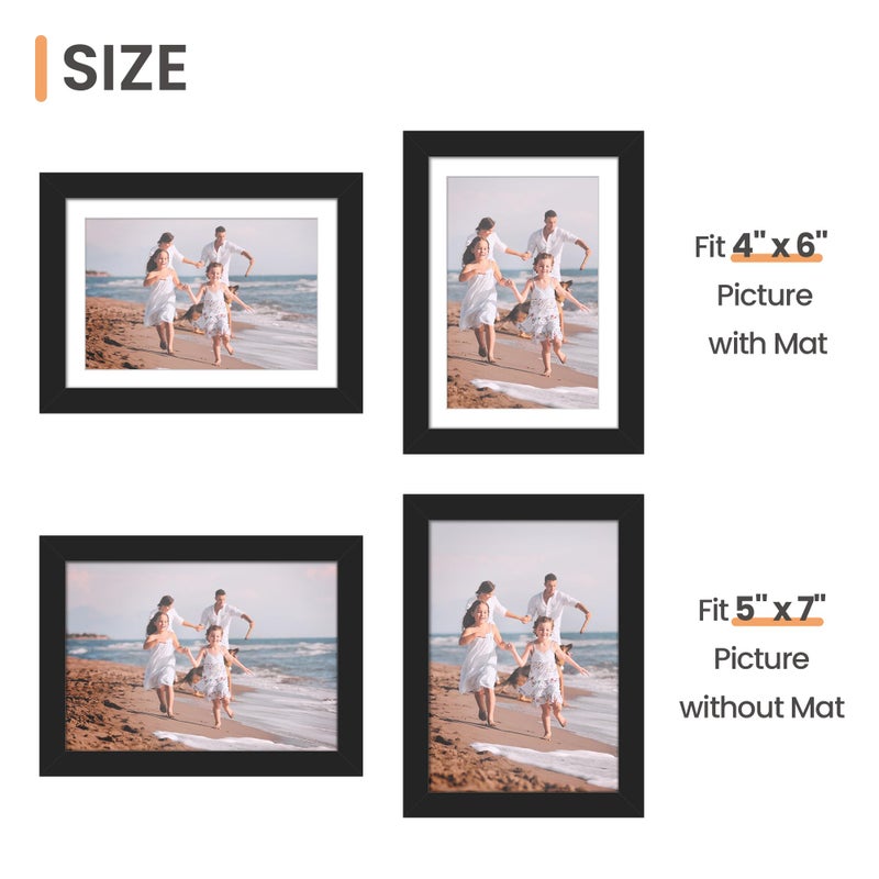 upsimples 5x7 Picture Frame, Display Pictures 4x6 with Mat or 5 x 7 Without, Wall Hanging Photo Frames, Black, 1 Pack - Image 3