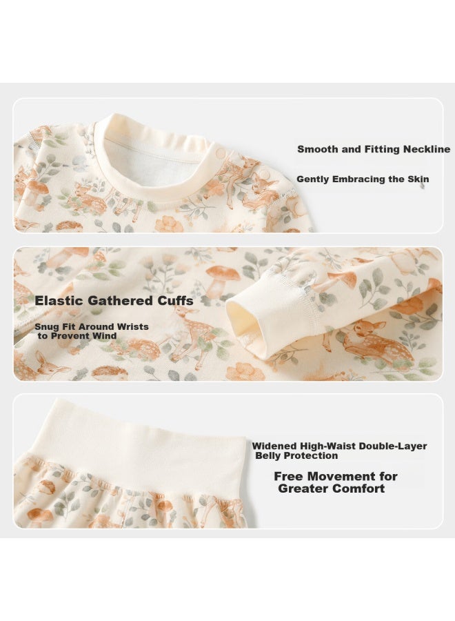 YISHUANGER Yishuang'er Baby Thermal Underwear Set Spring Autumn Winter Round Neck High Waist Top And Bottom Mushroom Deer 110 - Image 3