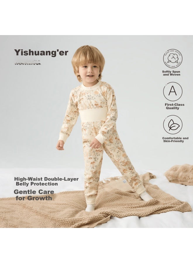 YISHUANGER Yishuang'er Baby Thermal Underwear Set Spring Autumn Winter Round Neck High Waist Top And Bottom Mushroom Deer 110 - Image 1