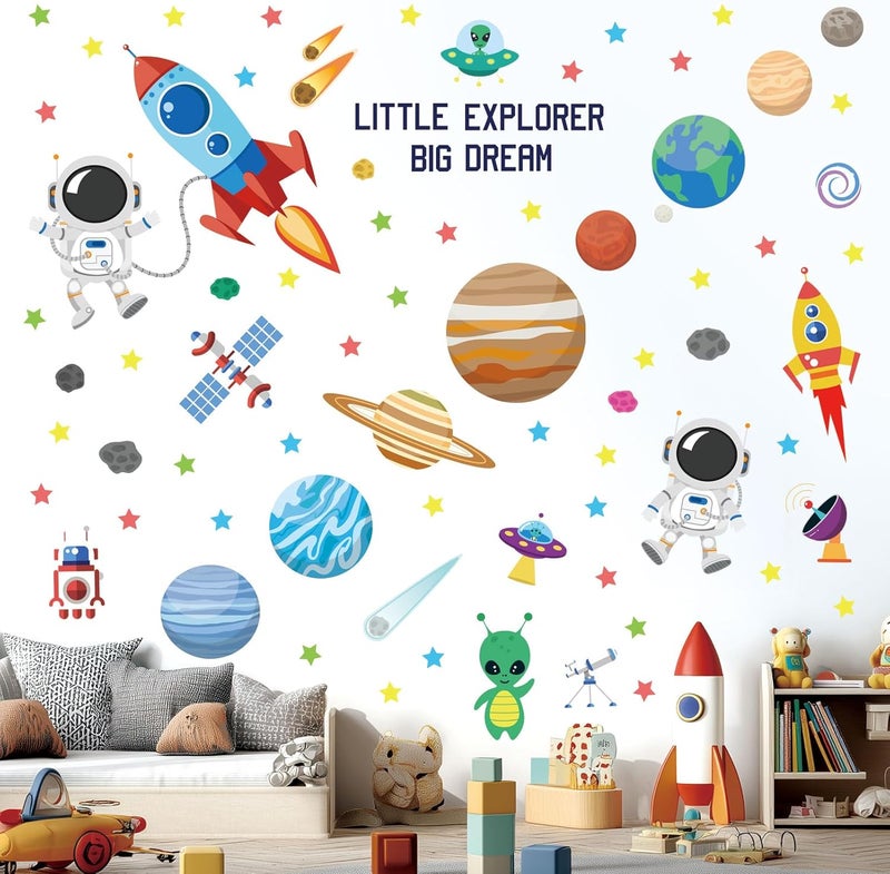 DECOWALL DSL-8058 Outer Space Wall Decals Stickers Kids Bedroom Room décor Nursery Boys Galaxy Stars Astronaut Planets Solar System Dark Removable Decoration Living Spaceship Window Art Mural Peel - Image 2