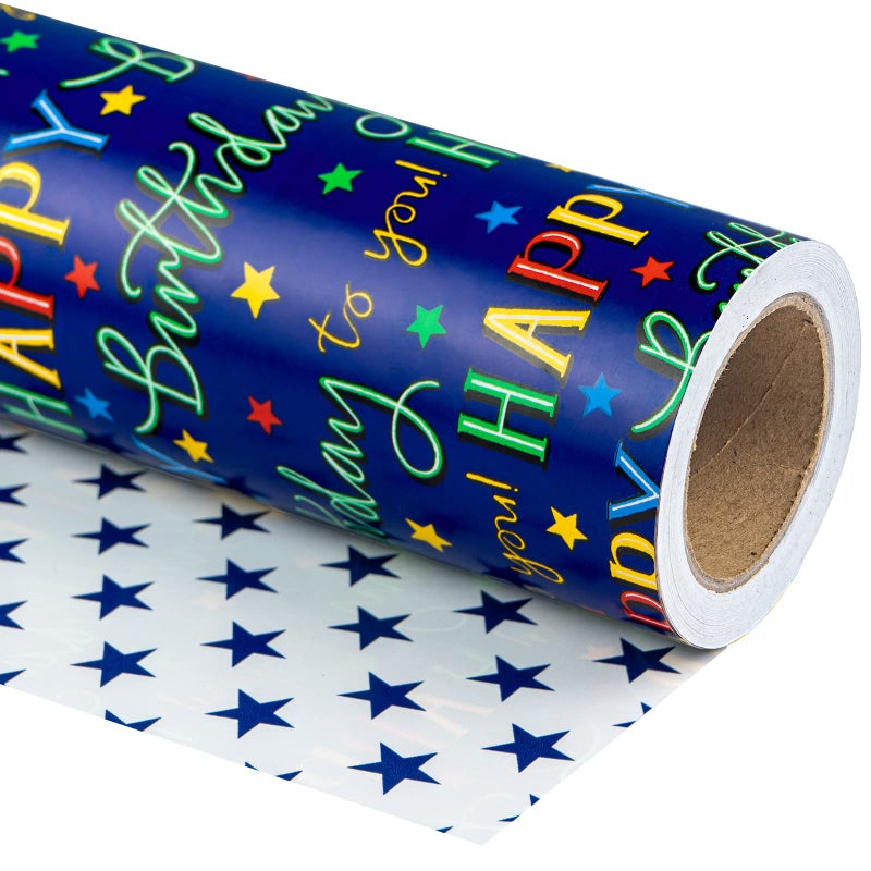 WRAPAHOLIC Reversible Birthday Wrapping Paper Mini Roll 17 Inch X 33 Feet Blue Star Happy Birthday Wrapping Paper for Men Adult Boy Baby Shower Holiday