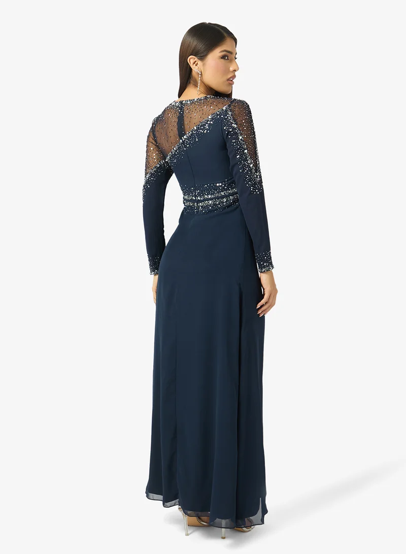 Namshi x Mesh Detail Bead Embellished Evening Gown with Slit