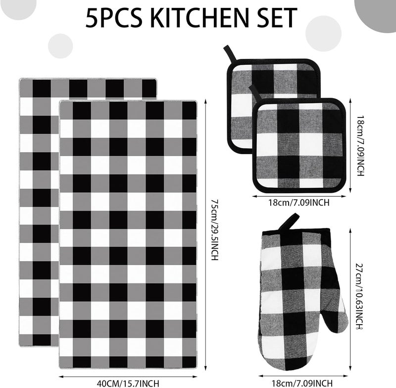 Newwiee Newwiee 10 Pcs Farmhouse Kitchen Decor Set Dish Towels Pot Holders Oven Mitts Anti Slip Rugs Window Valances Black and White Plaid Style - Image 2