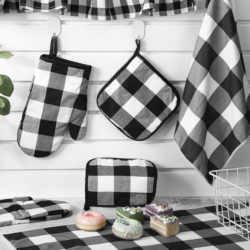 Newwiee Newwiee 10 Pcs Farmhouse Kitchen Decor Set Dish Towels Pot Holders Oven Mitts Anti Slip Rugs Window Valances Black and White Plaid Style - Image 5