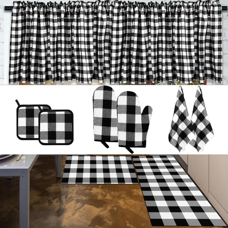 Newwiee Newwiee 10 Pcs Farmhouse Kitchen Decor Set Dish Towels Pot Holders Oven Mitts Anti Slip Rugs Window Valances Black and White Plaid Style - Image 1
