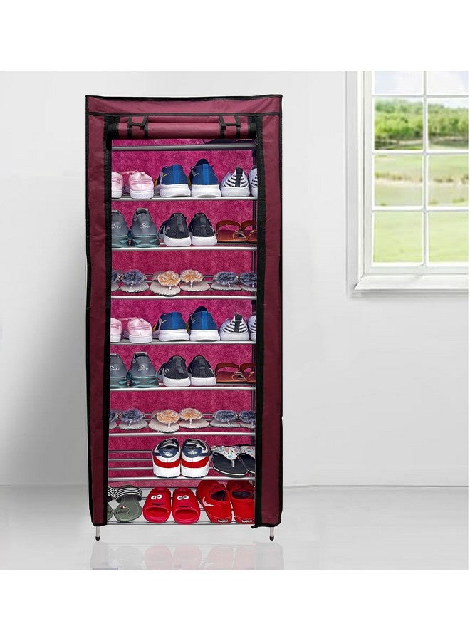 SANAMSTORE SANAMSTORE Collapsible Wardrobe 9 Tiers Metal Pipe with Non-Woven 100GSM Fabric Cover Shoe/Cloth/Toy/Books Rack-Maroon - Image 1