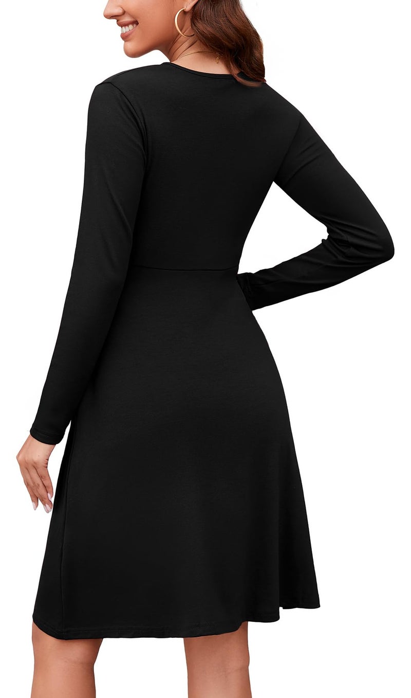 WEACZZY Women's 2025 Fall Long Sleeve Casual Black Dresses Wrap V-Neck Semi Formal Party Dress with Pockets,Black,XL - Image 5