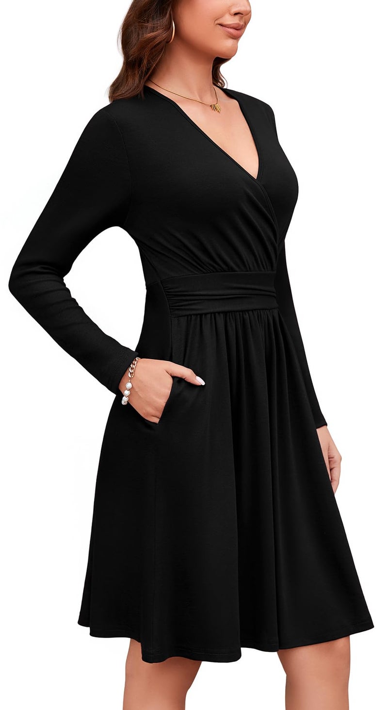 WEACZZY Women's 2025 Fall Long Sleeve Casual Black Dresses Wrap V-Neck Semi Formal Party Dress with Pockets,Black,XL - Image 4