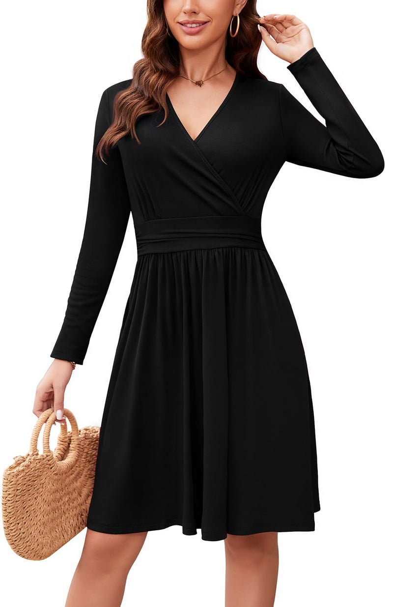 WEACZZY Women's 2025 Fall Long Sleeve Casual Black Dresses Wrap V-Neck Semi Formal Party Dress with Pockets,Black,XL - Image 2
