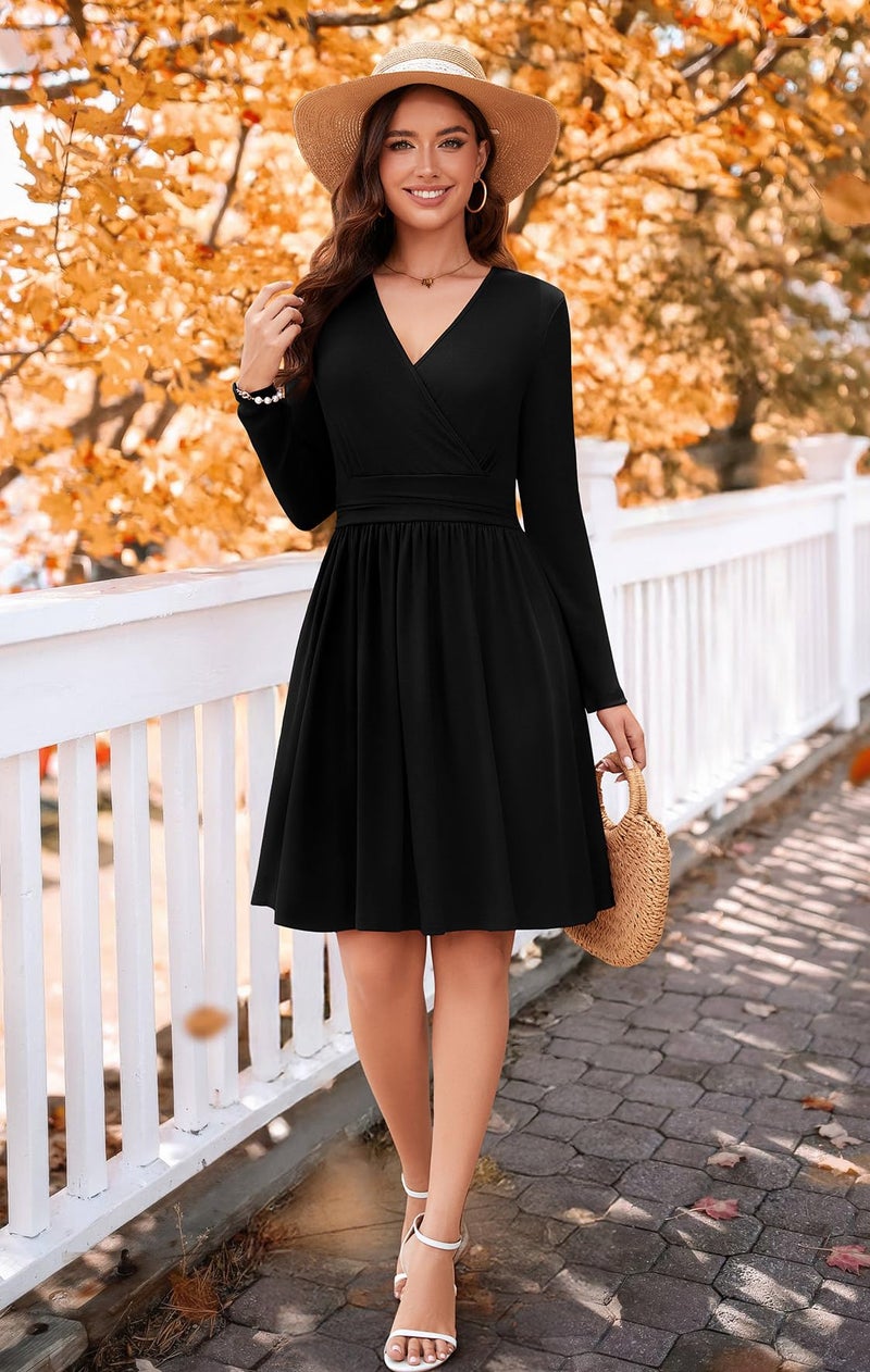 WEACZZY Women's 2025 Fall Long Sleeve Casual Black Dresses Wrap V-Neck Semi Formal Party Dress with Pockets,Black,XL - Image 3