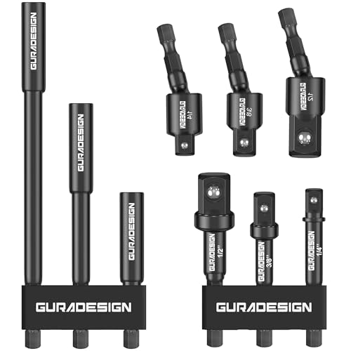 GURADESIGN 9-Piece Impact Drill Socket Adapter Set and Universal Joints Socket Set 1/4" 3/8" and 1/2" Driver Socket Adapter, Power Drill Bit Extension, Magnetic Screwdriver Bit Holder - Image 1