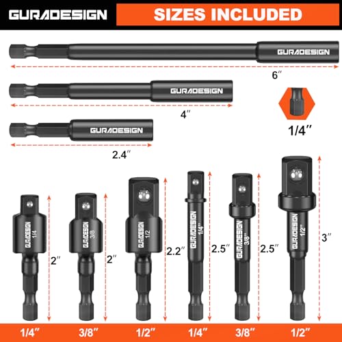 GURADESIGN 9-Piece Impact Drill Socket Adapter Set and Universal Joints Socket Set 1/4" 3/8" and 1/2" Driver Socket Adapter, Power Drill Bit Extension, Magnetic Screwdriver Bit Holder - Image 2