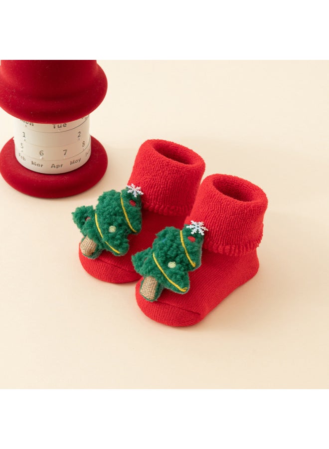 Baby Socks Autumn And Winter Terry Red Fleece-lined Thickened Baby Non-slip Mid-barrel Christmas Floor Socks