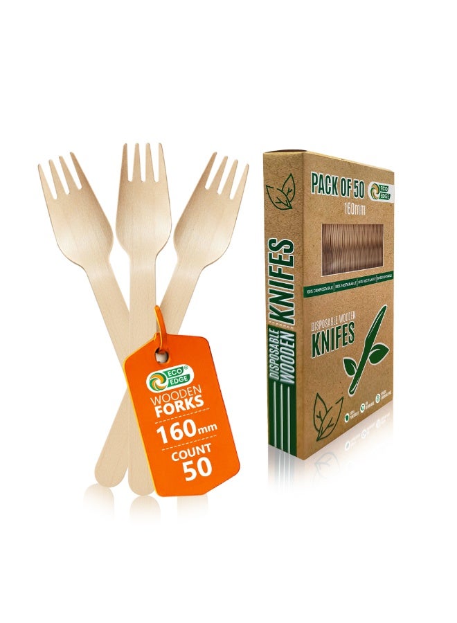 ایکوایدج EcoEdge Disposable Planet Friendly Wooden Heavy Duty Fork (50 Pack) 160 MM | Natural, Sustainable, Recyclable, Plant Based, Smooth Hand-Finished | For Birthday Weddings and Events | 100% Compostable - Image 2