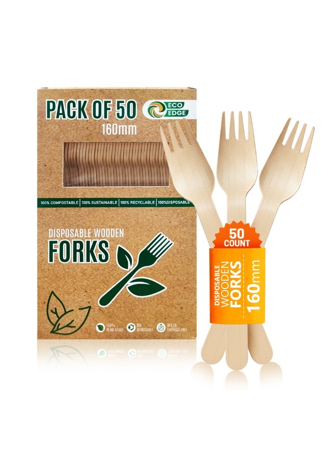 ایکوایدج EcoEdge Disposable Planet Friendly Wooden Heavy Duty Fork (50 Pack) 160 MM | Natural, Sustainable, Recyclable, Plant Based, Smooth Hand-Finished | For Birthday Weddings and Events | 100% Compostable - Image 1