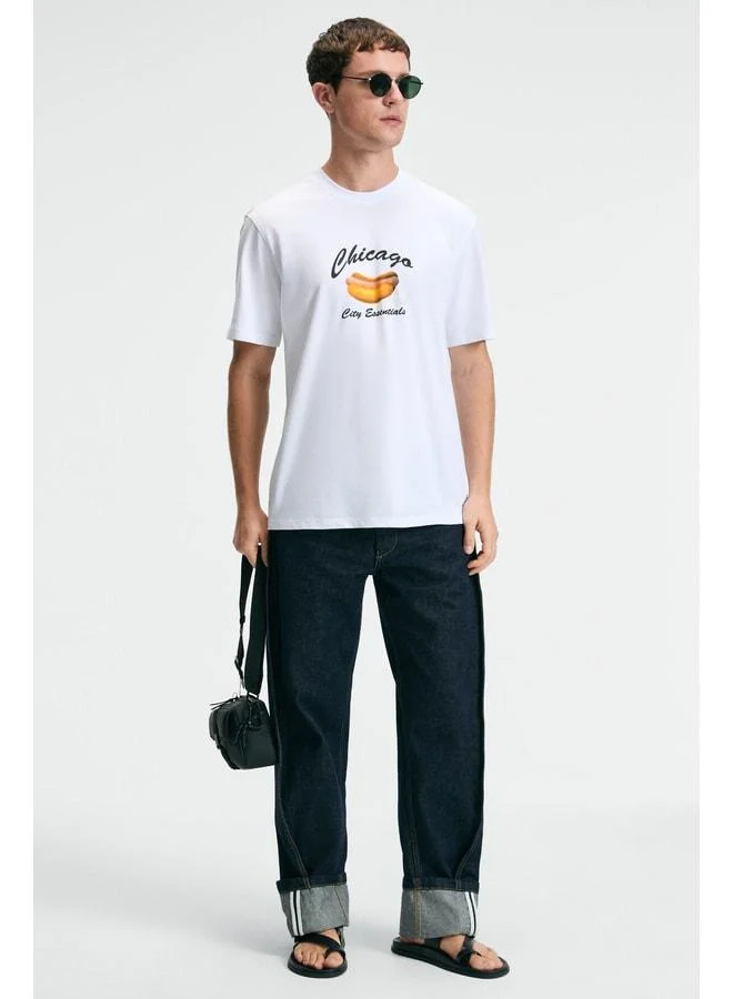 Grimelange CRISP Men's Oversized 100% Cotton Printed Round Neck White T-Shirt.