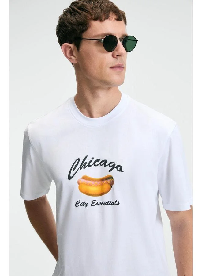 Grimelange CRISP Men's Oversized 100% Cotton Printed Round Neck White T-Shirt.