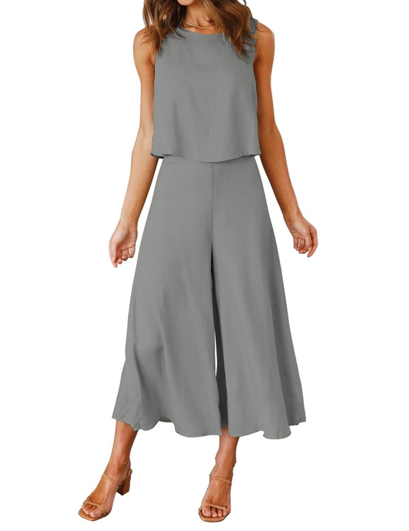 ROYLAMP Womens Summer 2 Piece Outfits Round Neck Crop Basic Top Cropped Wide Leg Pants Set Jumpsuits Gray M