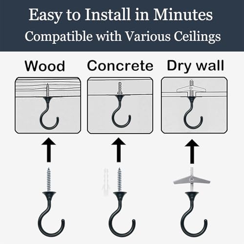 Evsteluo 8 Sets Heavy Duty Swag Ceiling Hooks with Hardware for Hanging Plants, Cavity Wall Fixing, Easy Installation, Holds Up to 30lbs, Ideal for Home & Garden (8 Sets, Black) - Image 4
