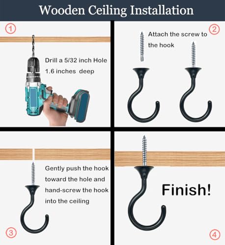 Evsteluo 8 Sets Heavy Duty Swag Ceiling Hooks with Hardware for Hanging Plants, Cavity Wall Fixing, Easy Installation, Holds Up to 30lbs, Ideal for Home & Garden (8 Sets, Black) - Image 5