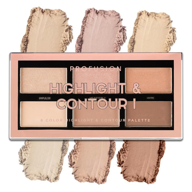 Profusion Cosmetics 6 Shade Highlight & Contour Palette â€“ Long-Wearing, Buildable Soft Powder for Sculpting & Defining, Blendable Formula for Light to Medium Skin (Light Medium) - Image 1