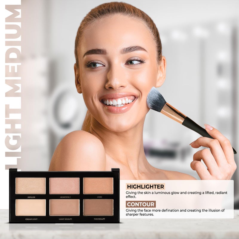 Profusion Cosmetics 6 Shade Highlight & Contour Palette â€“ Long-Wearing, Buildable Soft Powder for Sculpting & Defining, Blendable Formula for Light to Medium Skin (Light Medium) - Image 2