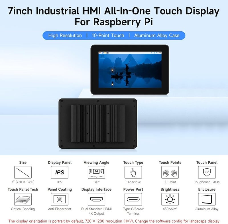 ويف شير 1 Waveshare شاشة لمس HMI صناعية مقاس 7 بوصة بدقة 720 × 1280، متوافقة مع Raspberry Pi 4 و Pi 5، مخرج HDMI مزدوج بدقة 4K، لمس بعشر نقاط، ترابط بصري، هيكل من سبائك الألومنيوم لتبديد الحرارة - Image 3