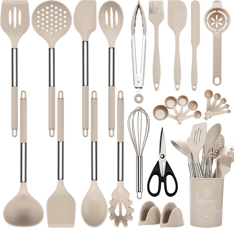 NCUE Silicone Cooking Utensils Set, 28 Pcs Kitchen Utensils Set for cooking, 446°F Heat Resistant Spatula Set, Food Grade Silicone and Stainless Steel Handle Kitchen Gadgets for Nonstick Cookware BPA Free - Image 1