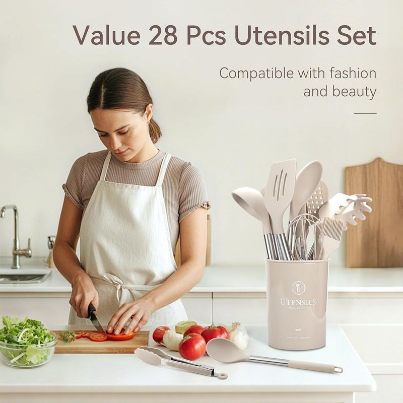 NCUE Silicone Cooking Utensils Set, 28 Pcs Kitchen Utensils Set for cooking, 446°F Heat Resistant Spatula Set, Food Grade Silicone and Stainless Steel Handle Kitchen Gadgets for Nonstick Cookware BPA Free - Image 2