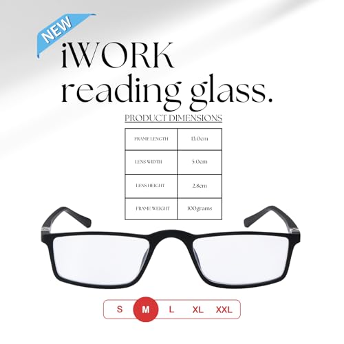 AEC iWork Lightweight Reading Glasses, Durable Spring-Loaded Rectangular Frame for Men & Women (Black, +2.00) - Image 3