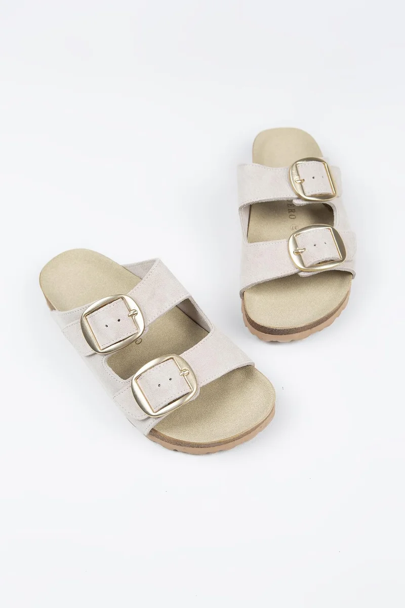 Manijero Manijero Irene Women's Genuine Leather Double Buckle Beige Slippers