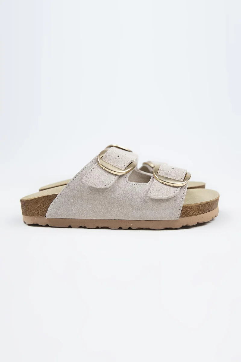 Manijero Manijero Irene Women's Genuine Leather Double Buckle Beige Slippers