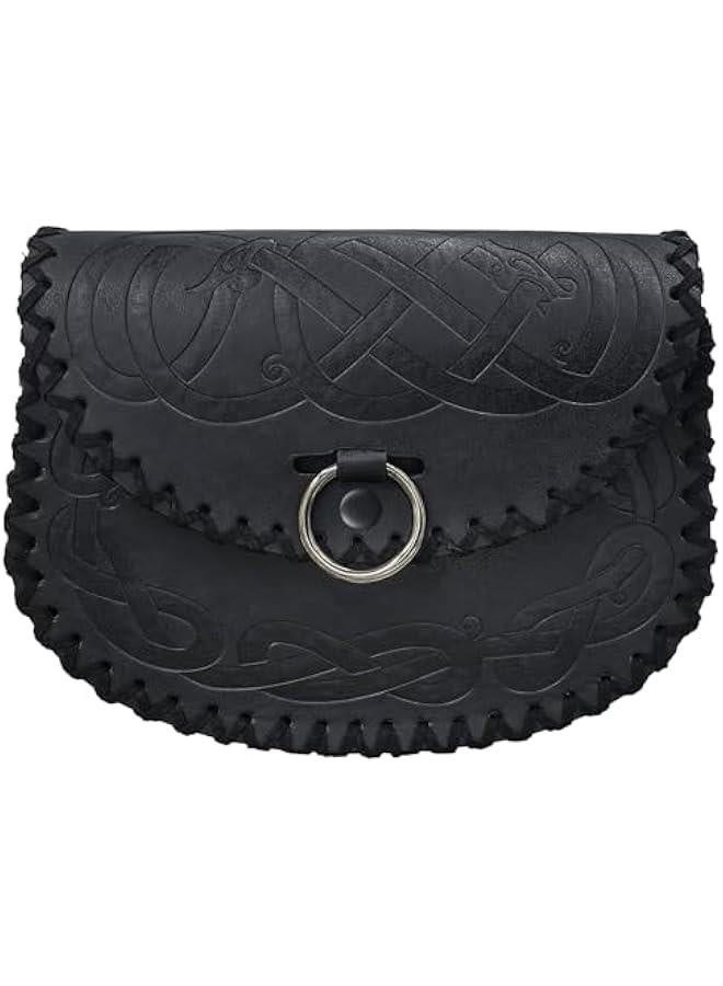 Viking Embossed Belt Bag, Vintage Medieval Faux Leather Side Pack, Middle Ages Portable Belt Pouch For LARP Ren Faire (Black A) - Image 1