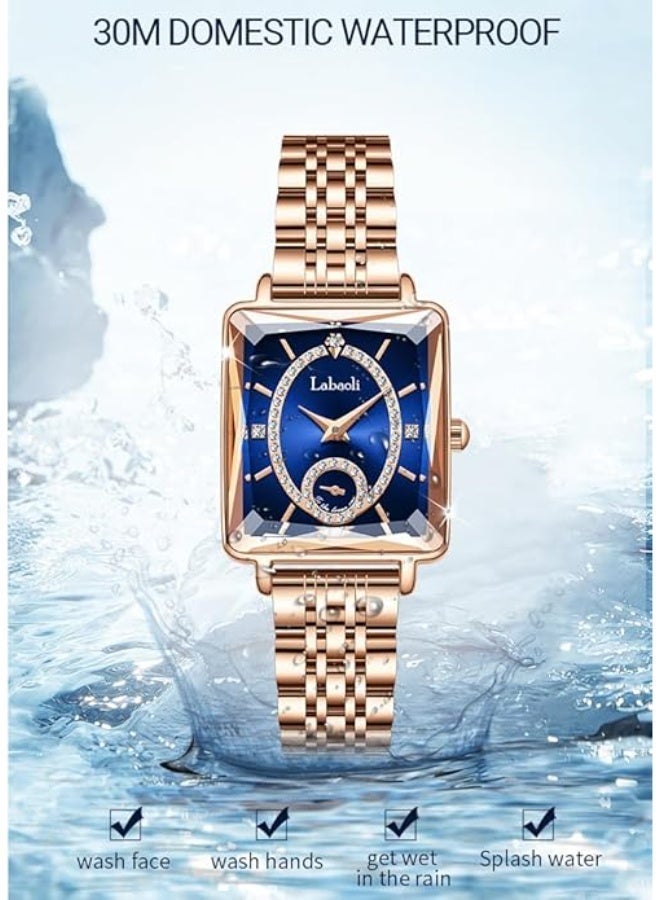 Labaoli Women's Square Analog Quartz Watch, Rhinestone-Encrusted Dial, Waterproof Stainless Steel Band Fashion Dress Wrist Watch for Ladies, 4 Colors Available - Image 3