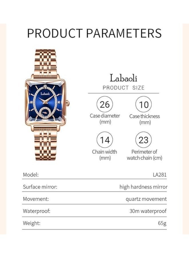 Labaoli Women's Square Analog Quartz Watch, Rhinestone-Encrusted Dial, Waterproof Stainless Steel Band Fashion Dress Wrist Watch for Ladies, 4 Colors Available - Image 4