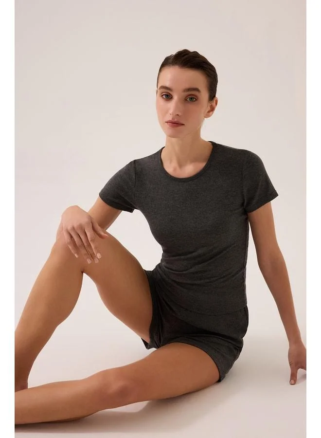 Los Ojos x Ece Anthracite Modal Fabric Short Sleeve Shorts Pajama Set Ribbed PJ4.