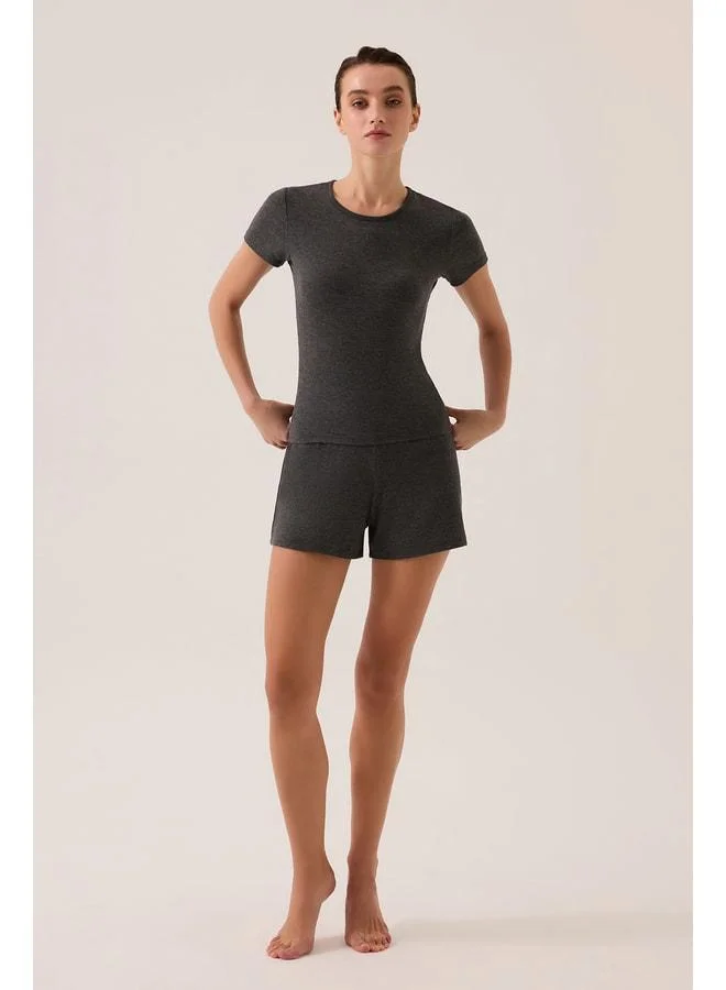Los Ojos x Ece Anthracite Modal Fabric Short Sleeve Shorts Pajama Set Ribbed PJ4.