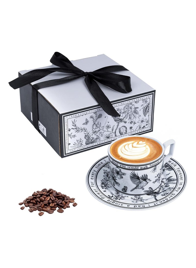 Aikanbo Ceramic Coffee Cup and Saucer Set，Vintage Floral Design, Perfect for Espresso, Tea, or Coffee Lovers - Gift Boxed for Home, Office, or Special Occasions (250ml) - Image 1