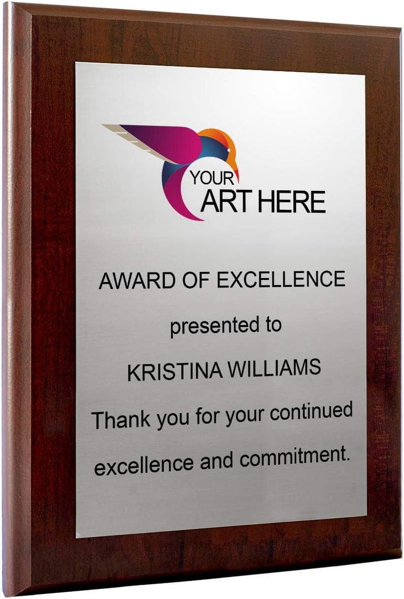 PlaqueMaker Custom Aluminum Metal Award Plaque with Full Color Printing - Include Photos Or Logos and Your Personal Text (9 x 12", Coated Cherry Board w/Silver Metal) - Image 1