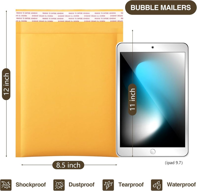 UCGOU Kraft Bubble Mailers 8.5x12 Inch 25 Pack Usable Size 8.5x11 Inch Yellow Padded Envelopes #2 Medium Mailing Packages Self Sealing Tear Resistant Boutique Bulk Shipping Bags for Makeup Supplies - Image 2