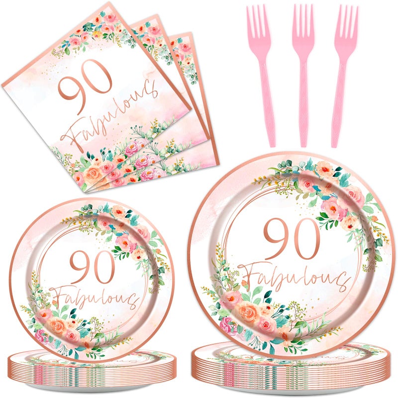 OBUSATT 96Pcs Floral 90 Fabulous Party Supplies 90th Birthday Paper Plates Napkins Rose Gold Party Decorations 90 Years Dinnerware Party Favor Women 90th Tableware Serves 24